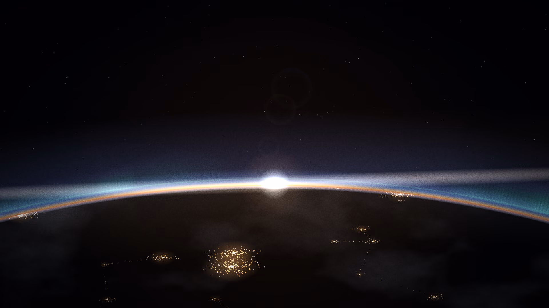 Earth's night side from orbit with a flare breaking over the horizon, drawn entirely in code