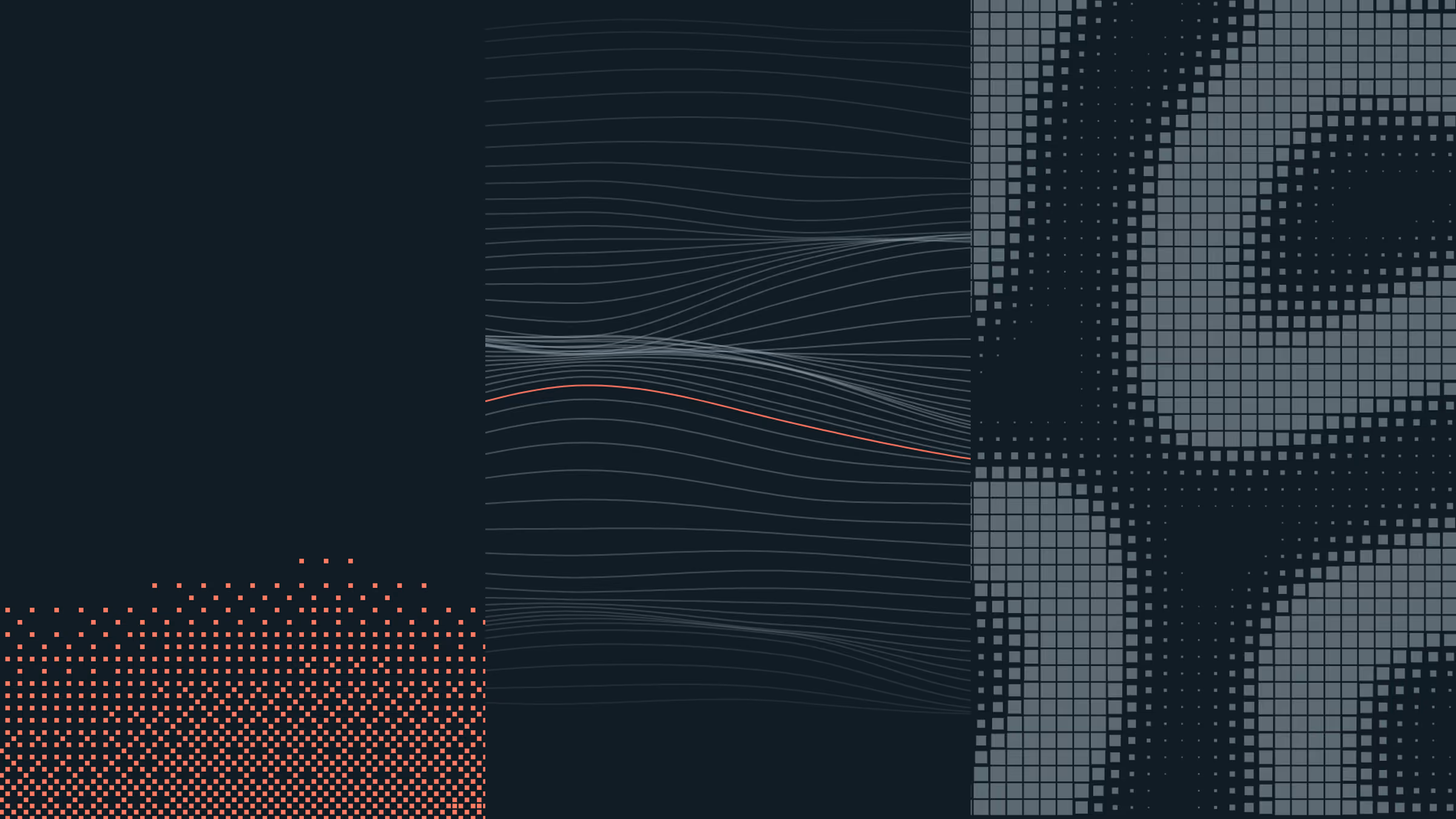 Three of the interactive backgrounds: a red dithered horizon, noise-bent strings and reaction-diffusion dots