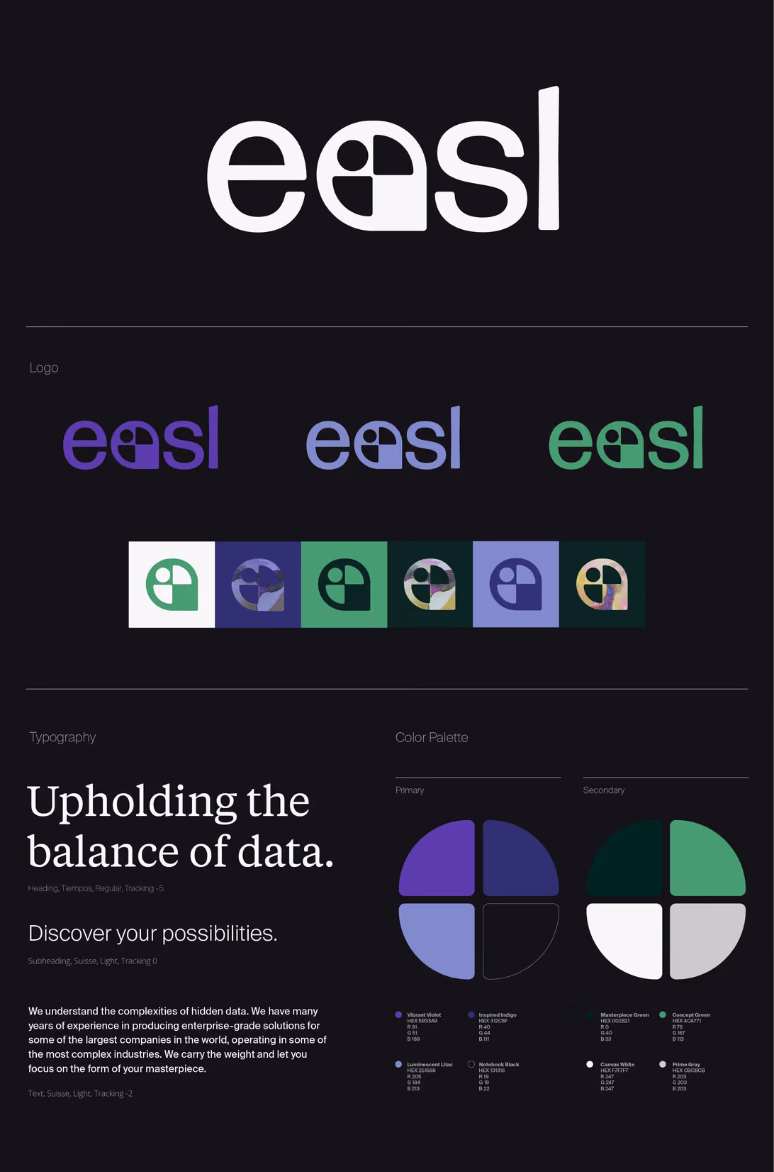 EASL brand guide with logo variants, marks, typography and the purple and green color palette