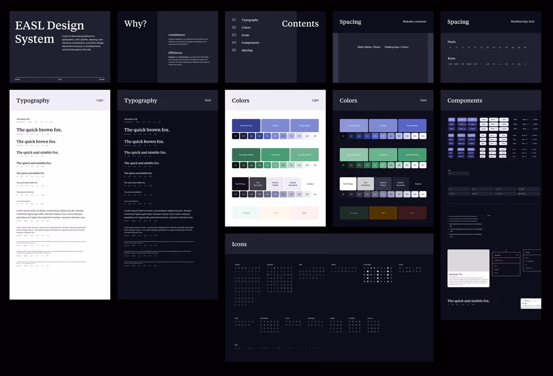 EASL TECH design system pages in Figma covering typography, colors, spacing, components and icons