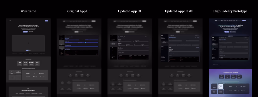 Three versions of the EASL app UI side by side: the original, the first update and the second update