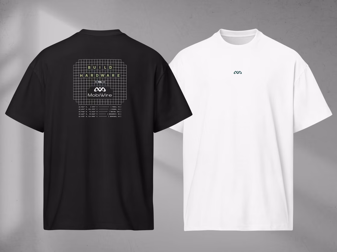 Black and white MobiWire t-shirts side by side