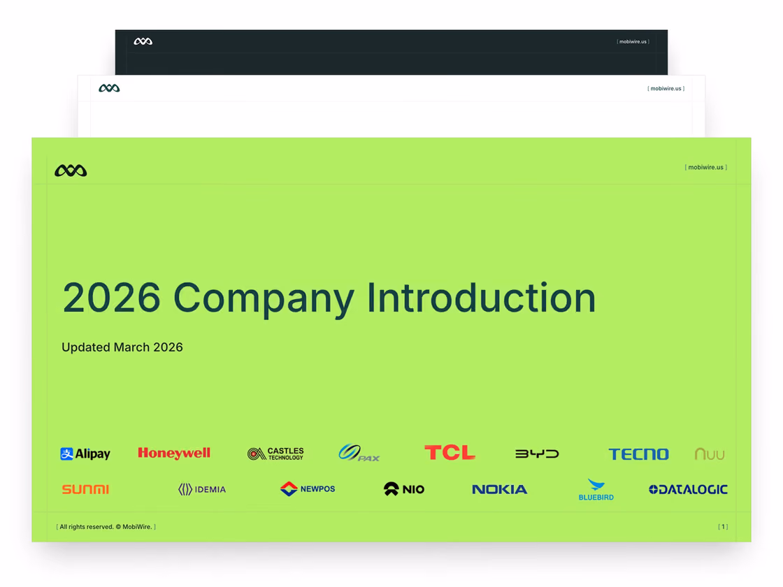 MobiWire 2026 company introduction deck in lime with client logos