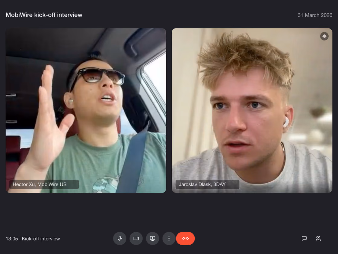 Video call between Hector Xu of MobiWire US and Jaroslav Dlask of 3DAY during the kick-off interview