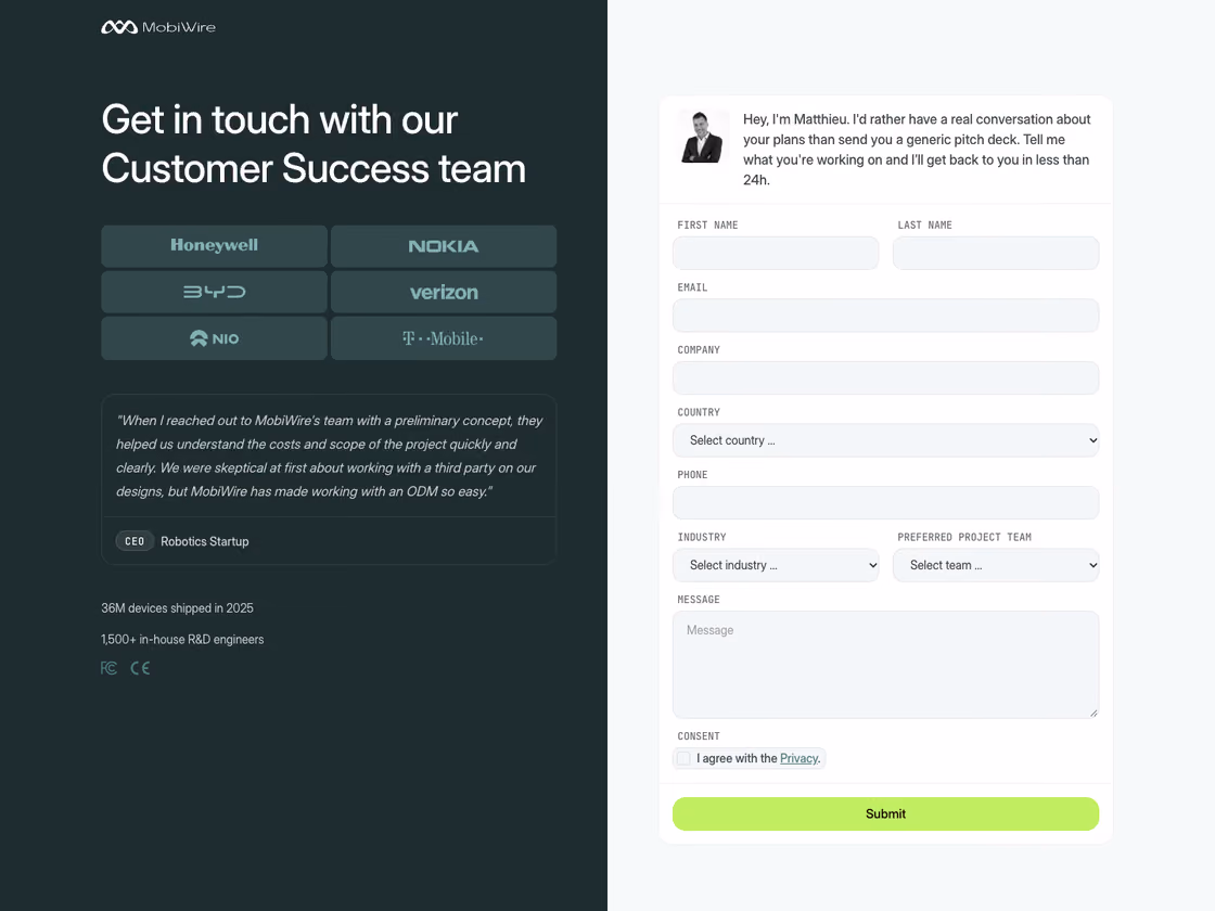 MobiWire contact page: Get in touch with our Customer Success team, client logos, a customer quote and a form introduced by Matthieu