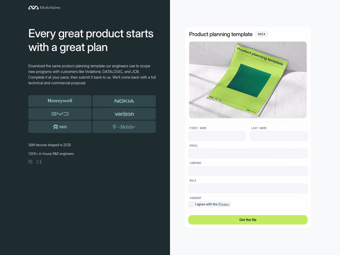 MobiWire product planning template download page with a form for name, email, company and role