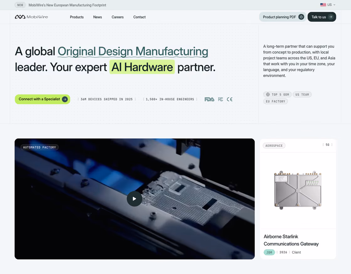 MobiWire homepage hero: A global Original Design Manufacturing leader. Your expert AI Hardware partner, with key numbers and certifications