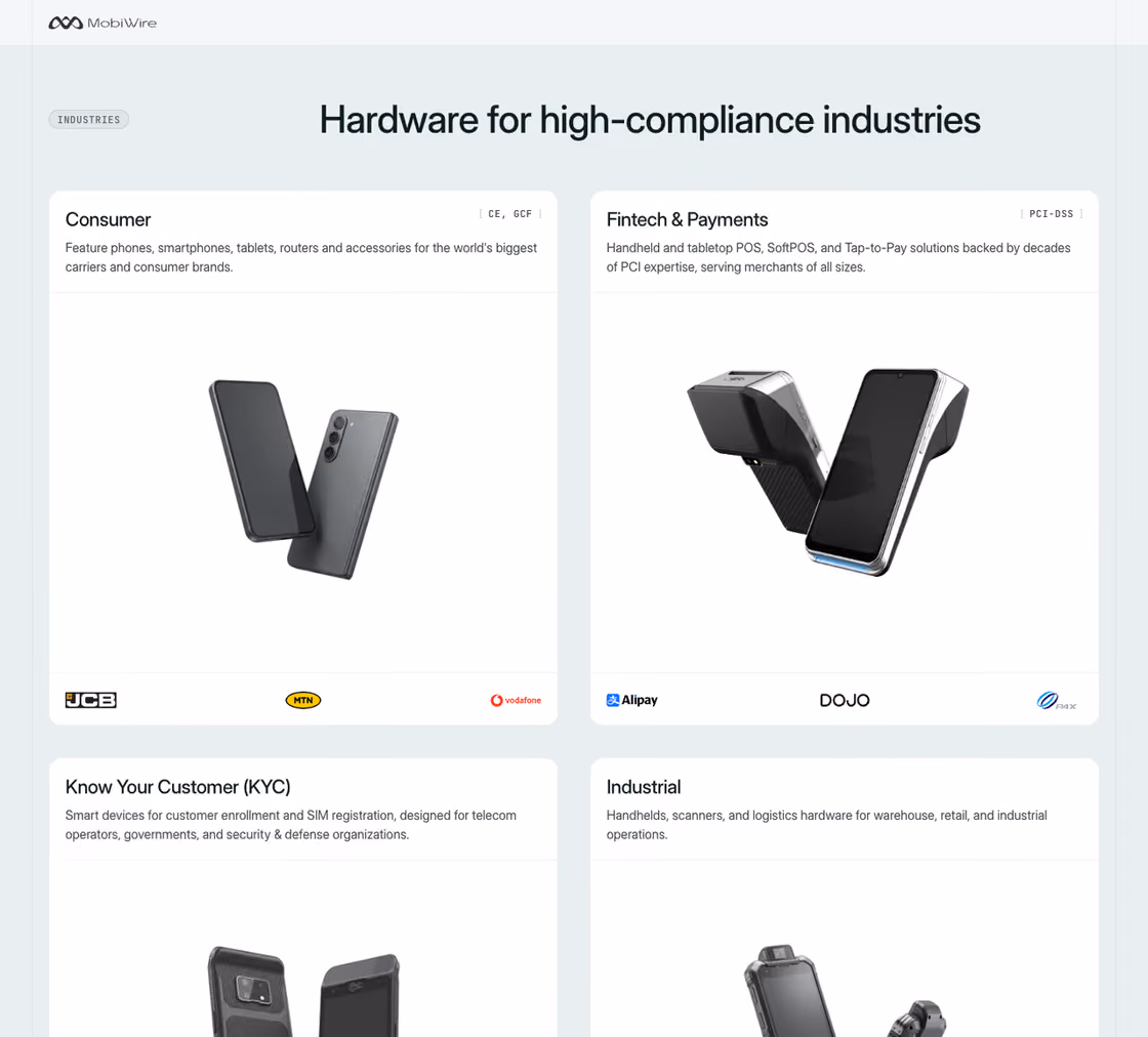 MobiWire section Hardware for high-compliance industries with consumer, fintech, KYC and industrial product cards