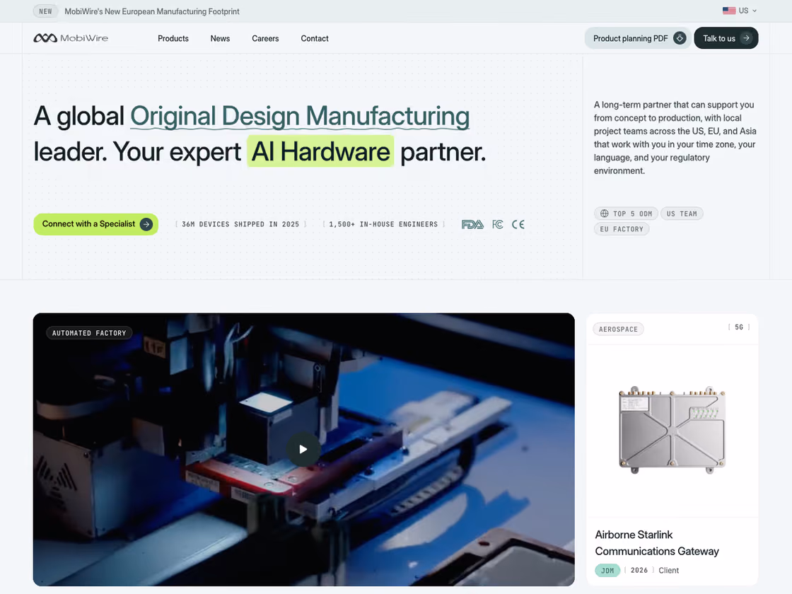 MobiWire US homepage hero: A global Original Design Manufacturing leader. Your expert AI Hardware partner
