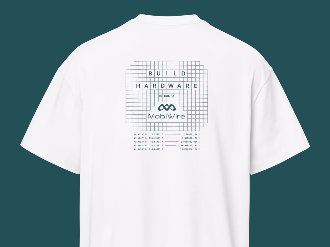Back of a white MobiWire t-shirt with a Build Hardware grid print